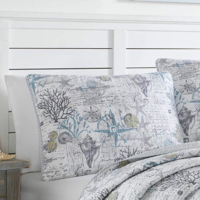 Beach Bliss Gray 100% Cotton 136 TC Reversible Coastal 3 Piece Quilt Set