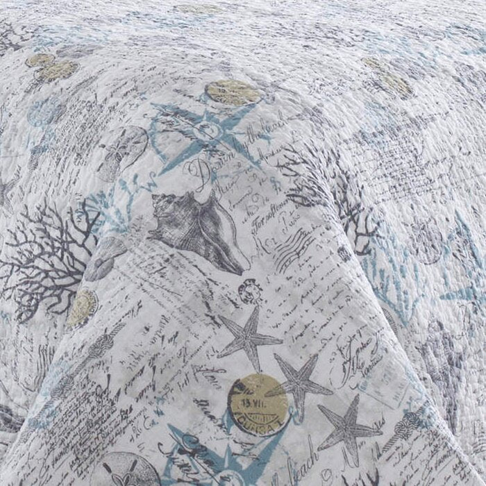 Beach Bliss Gray 100% Cotton 136 TC Reversible Coastal 3 Piece Quilt Set