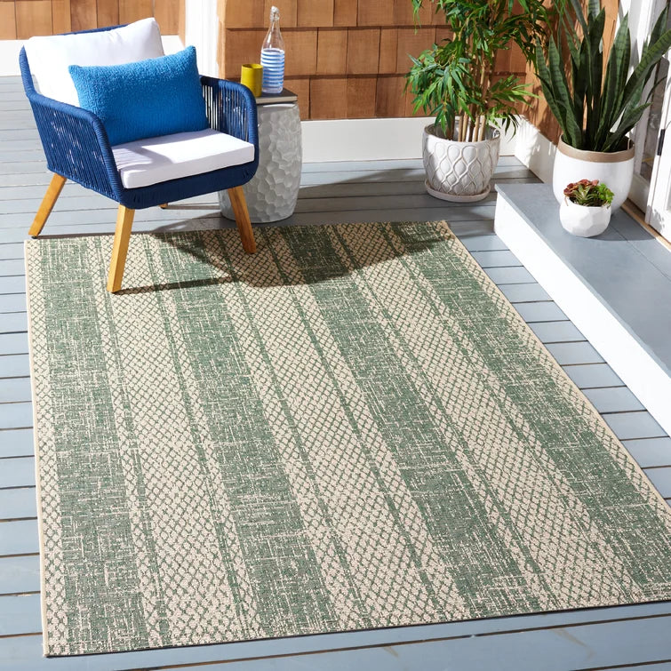 Beedle Striped Indoor / Outdoor Area Rug in Beige/Dark Green, Rectangle 5'3" x 7'7"
