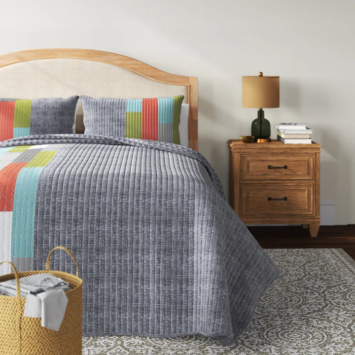 Beehler Orange/Blue/Green/Gray 100% Cotton 320 TC Reversible Modern & Contemporary Quilt Set, Full/Queen