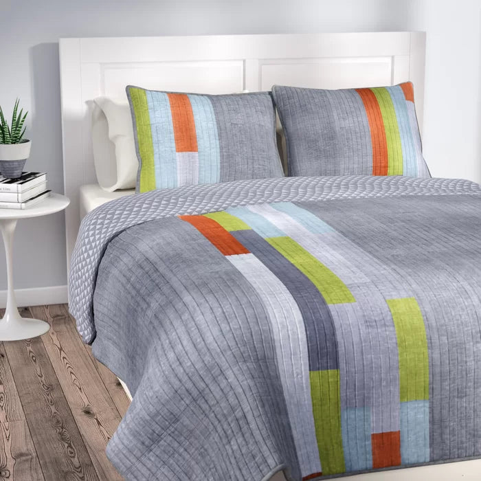 Beehler Orange/Blue/Green/Gray 100% Cotton 320 TC Reversible Modern & Contemporary Quilt Set, Full/Queen