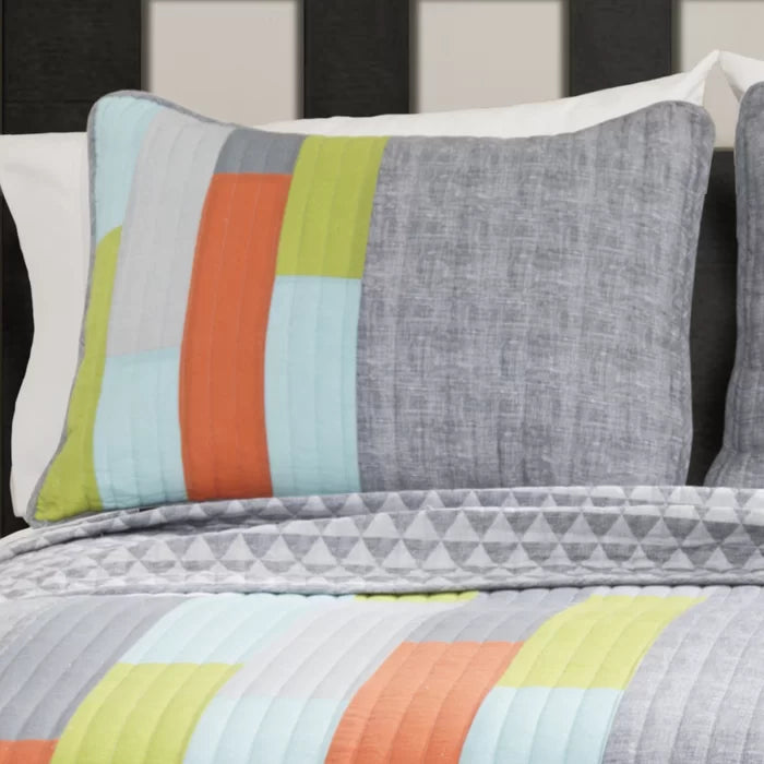 Beehler Orange/Blue/Green/Gray 100% Cotton 320 TC Reversible Modern & Contemporary Quilt Set, Full/Queen