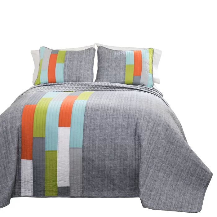 Beehler Orange/Blue/Green/Gray 100% Cotton 320 TC Reversible Modern & Contemporary Quilt Set, Full/Queen