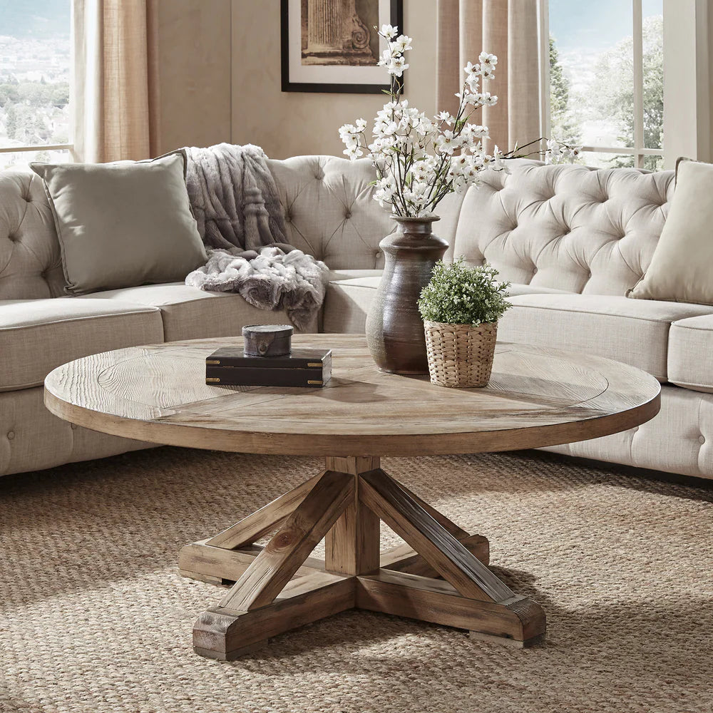 Benchwright Rustic X-base Round Pine Wood Coffee Table (top)