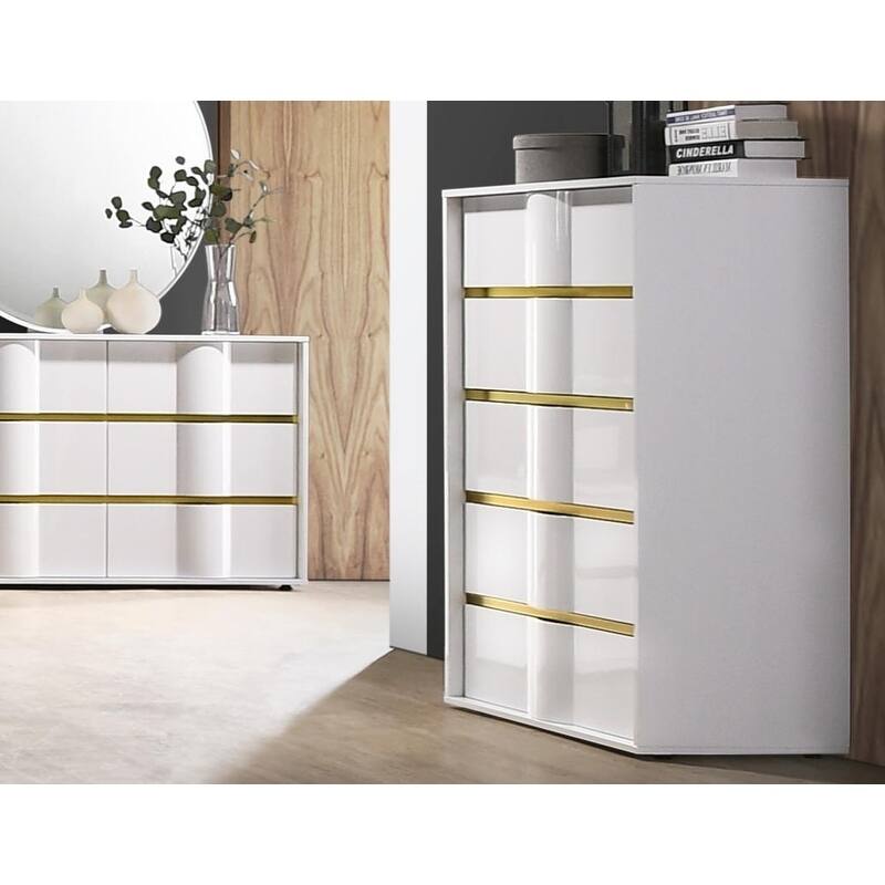 Best Master Furniture White with Gold Trimming 5 Drawer Chest