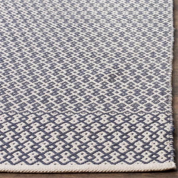 Bester Geometric Handmade Flatweave Cotton Area Rug in Ivory / Navy runner 2'3"X8'