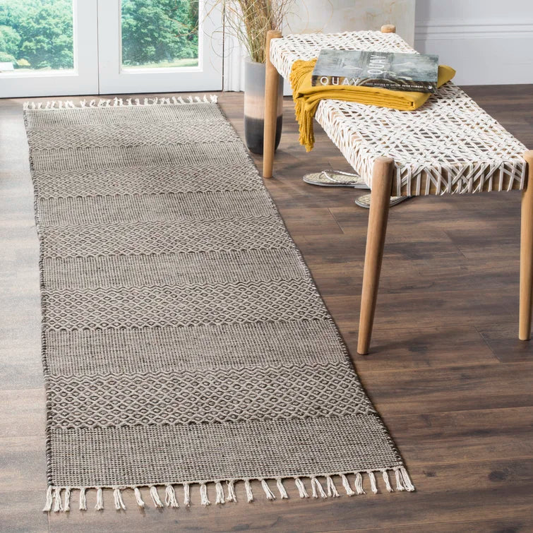 Bester Striped Handmade Flatweave Cotton Area Rug in Ivory/Anthracite, Runner 2'3" x 12'