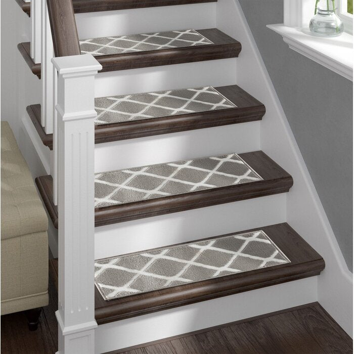 Bierly Non Slip Stair Treads Gray/White 9"x28" Machine Washable Stair Carpet with Rubber Backing, (Set of 14)