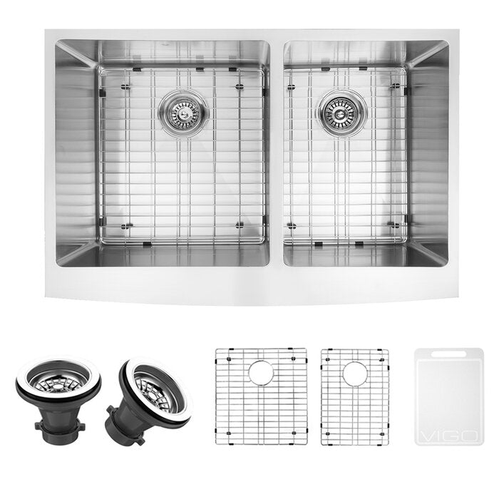 Bingham 33" L x 22 " W Double Basin Farmhouse Sink with Sink Grid LX5219