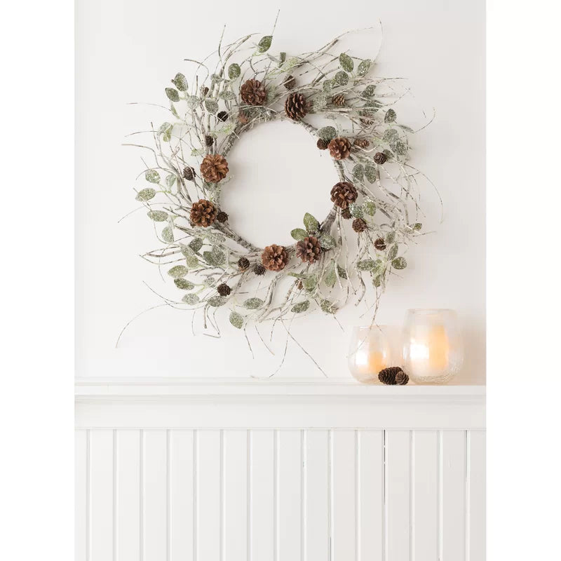 30" H x 30" W x 7" D Birch Leaf & Pinecone Metal Wreath