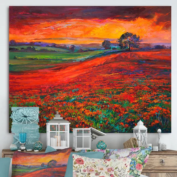 36" H x 46" W x 1.5" D Blossoming Poppy Fields During Summer Sunset - Painting on Canvas