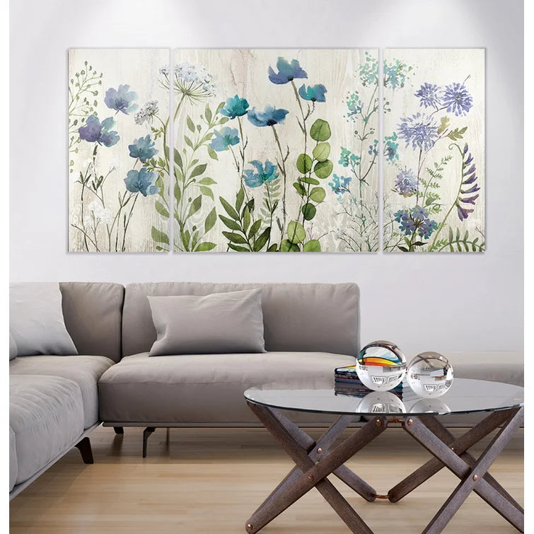 Blue Meadow - 3 Piece Multi-Piece Image on Canvas, 24" H x 48" W x 1.5" D