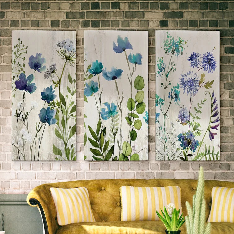 Blue Meadow - 3 Piece Multi-Piece Image on Canvas, 24" H x 48" W x 1.5" D