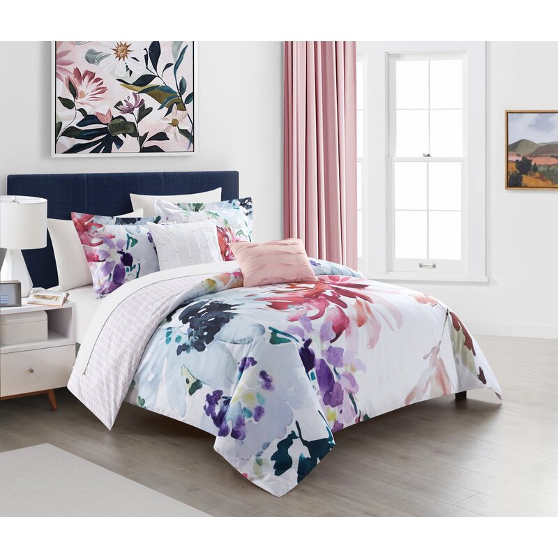 Blue/Pink Microfiber Reversible 5 Piece Comforter Set, Queen