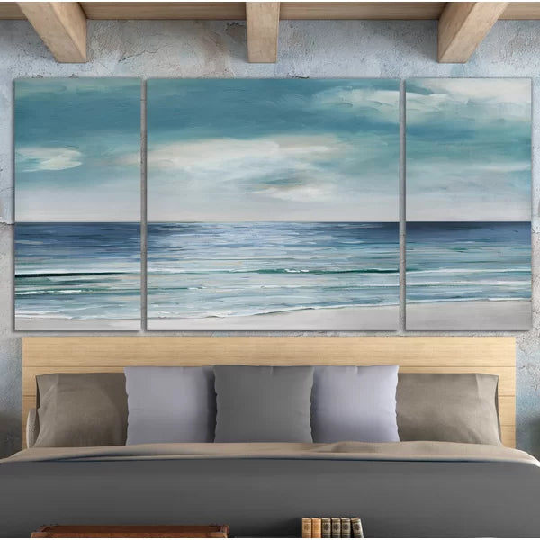 Blue Silver Shore - Painting on Canvas 40"x80" - 3-piece set