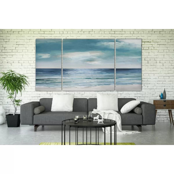 Blue Silver Shore - Painting on Canvas 40"x80" - 3-piece set