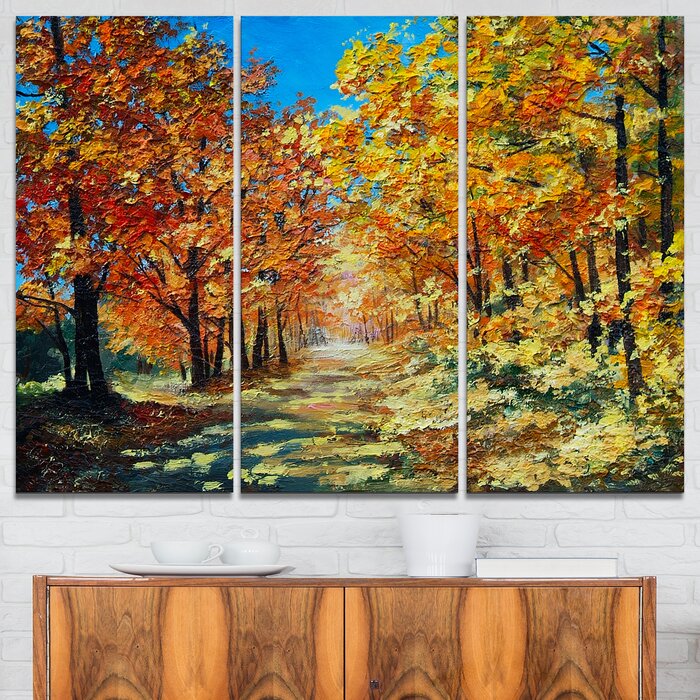Bright Day in Autumn Forest - 3 Piece Painting Print on Wrapped Canvas Set (#K3913)