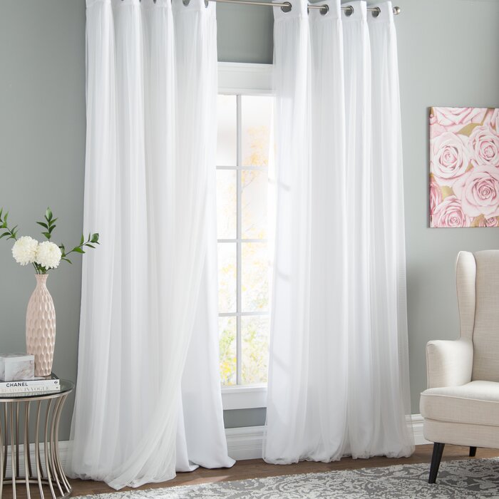 52" W x 96" L Brockham Solid Tulle Overlay Room Darkening Grommet Curtain Panels (Set of 2)