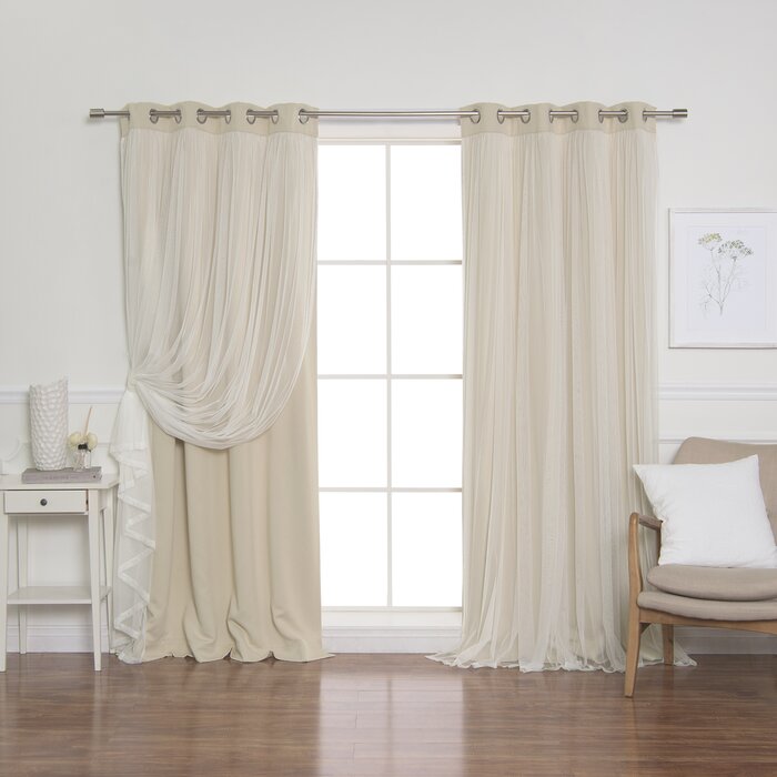 52" W x 96" L Brockham Solid Tulle Overlay Room Darkening Grommet Curtain Panels (Set of 2)