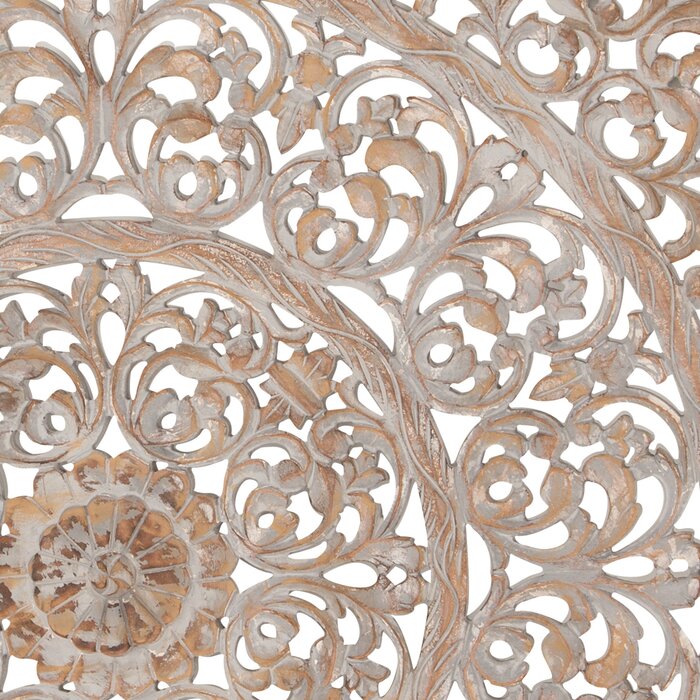 36" H x 36" W x 1" D Brown Wood Handmade Intricately Carved Floral Wall Decor with Mandala Design