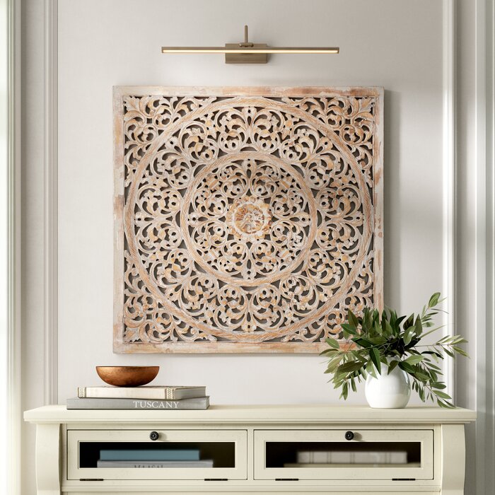 36" H x 36" W x 1" D Brown Wood Handmade Intricately Carved Floral Wall Decor with Mandala Design