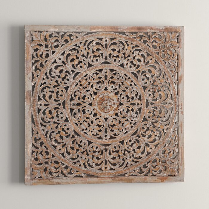 36" H x 36" W x 1" D Brown Wood Handmade Intricately Carved Floral Wall Decor with Mandala Design