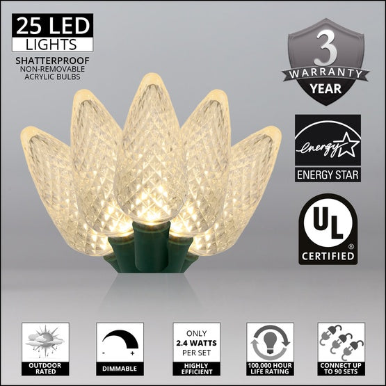 25 C9 Warm White LED Christmas Lights, 8" Spacing B5-CR8029