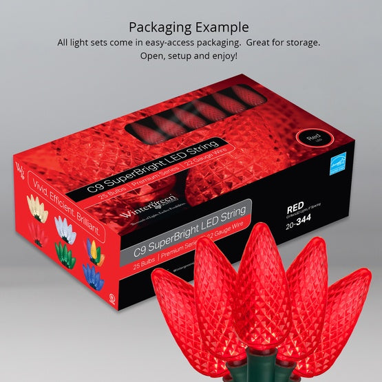 25 C9 Red LED Christmas Lights, 8" Spacing