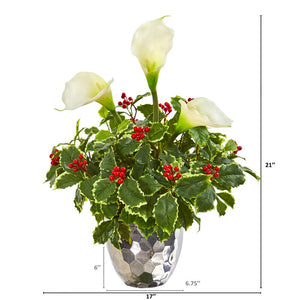 Calla Lilly and Holly Leaf Artificial Mixed Floral Arrangement in Vase 2236