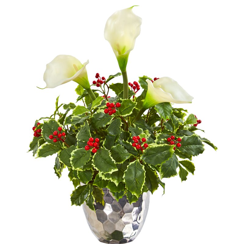 Calla Lilly and Holly Leaf Artificial Mixed Floral Arrangement in Vase 2236