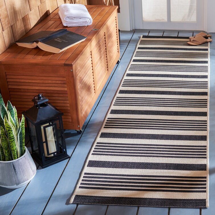 2'3'' x 7' Candelo Striped Indoor / Outdoor Area Rug in Black/Bone
