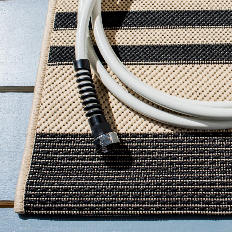 2'3'' x 7' Candelo Striped Indoor / Outdoor Area Rug in Black/Bone