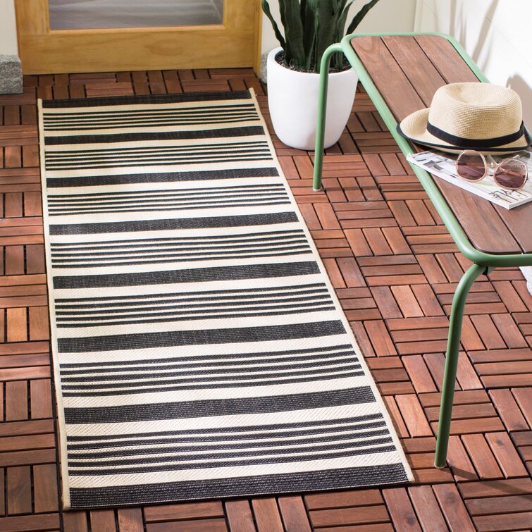 2'3'' x 7' Candelo Striped Indoor / Outdoor Area Rug in Black/Bone