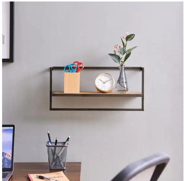 17 in. W Rustic Wood and Metal Frame Floating Decorative Wall Shelf with Towel Bar