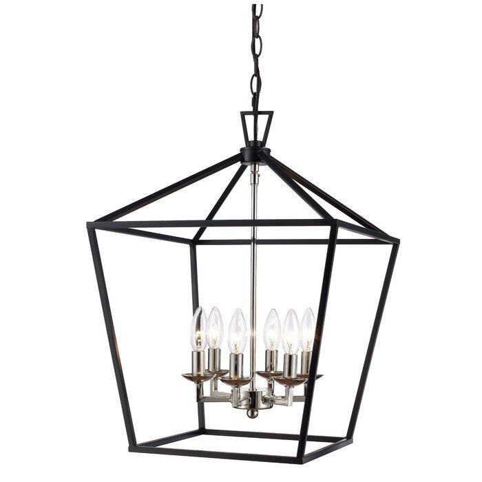 Carmen 6 - Light Lantern Geometric Chandelier, Black/Polished Chrome #HA180