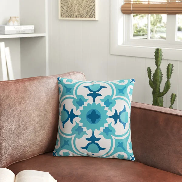 20" x 20" Teal/Blue/White Cayton Spanish Tile Outdoor Square Pillow