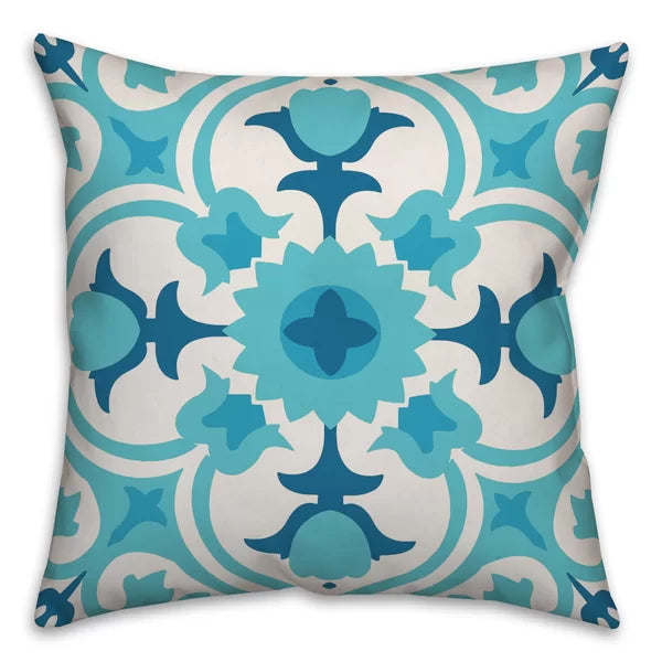 20" x 20" Teal/Blue/White Cayton Spanish Tile Outdoor Square Pillow