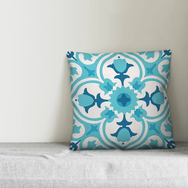 20" x 20" Teal/Blue/White Cayton Spanish Tile Outdoor Square Pillow