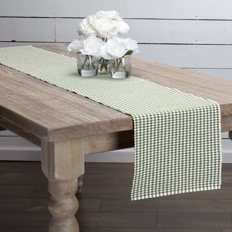 90" W x 13" D Moss Green, White Ceylon Gingham 100% Cotton Table Runner B74-VS224
