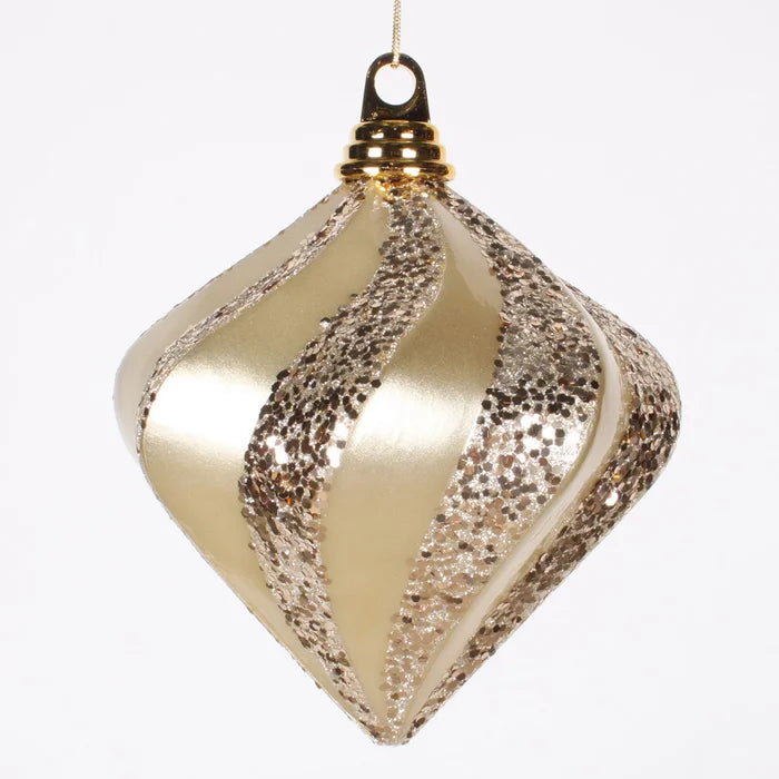 Champagne Gold Pearl and Glitter Candy Swirl Diamond Shaped Christmas Ornament 7.25", (Set of 3)