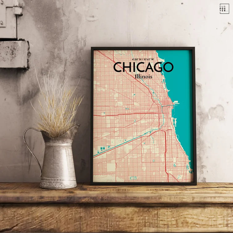 17" H x 11" W Chicago City Map - Panoramic Graphic Art