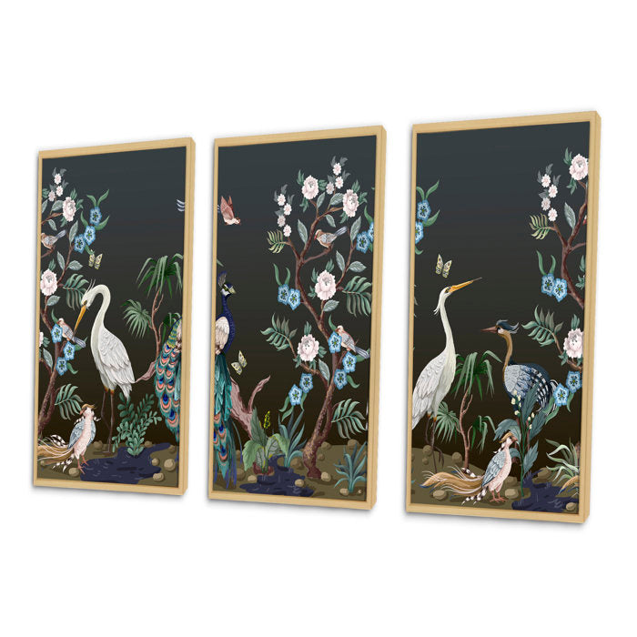 32" H x 48" W Chinoiserie With Birds And Peonies IV - 3 Piece Painting on Canvas