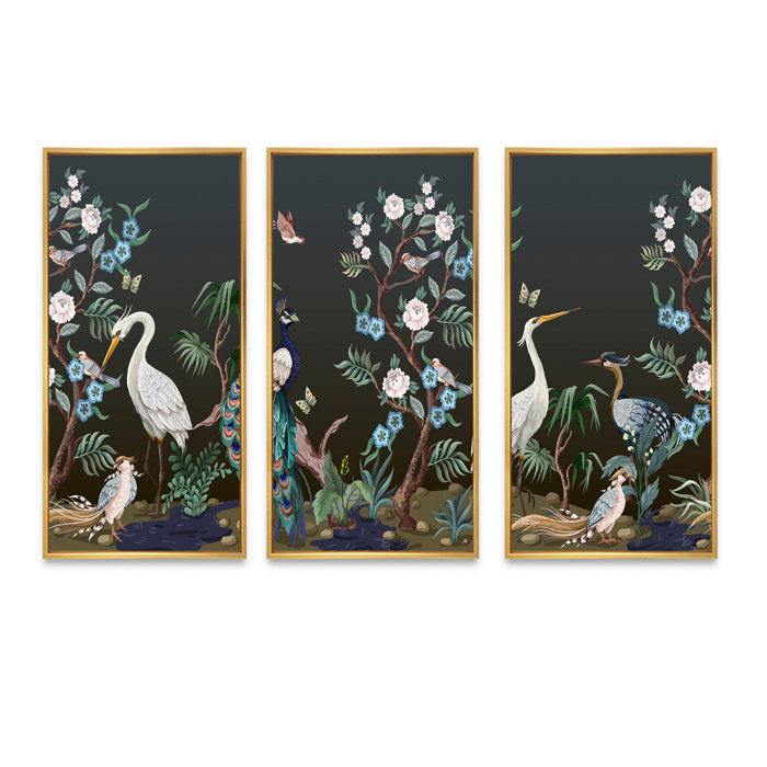 32" H x 48" W Chinoiserie With Birds And Peonies IV - 3 Piece Painting on Canvas