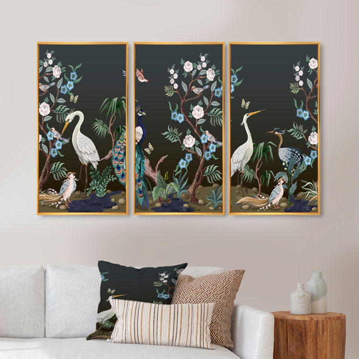 32" H x 48" W Chinoiserie With Birds And Peonies IV - 3 Piece Painting on Canvas