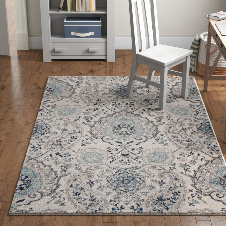 4' x 6' Christa Damask Area Rug in Cream/Light Gray Hues