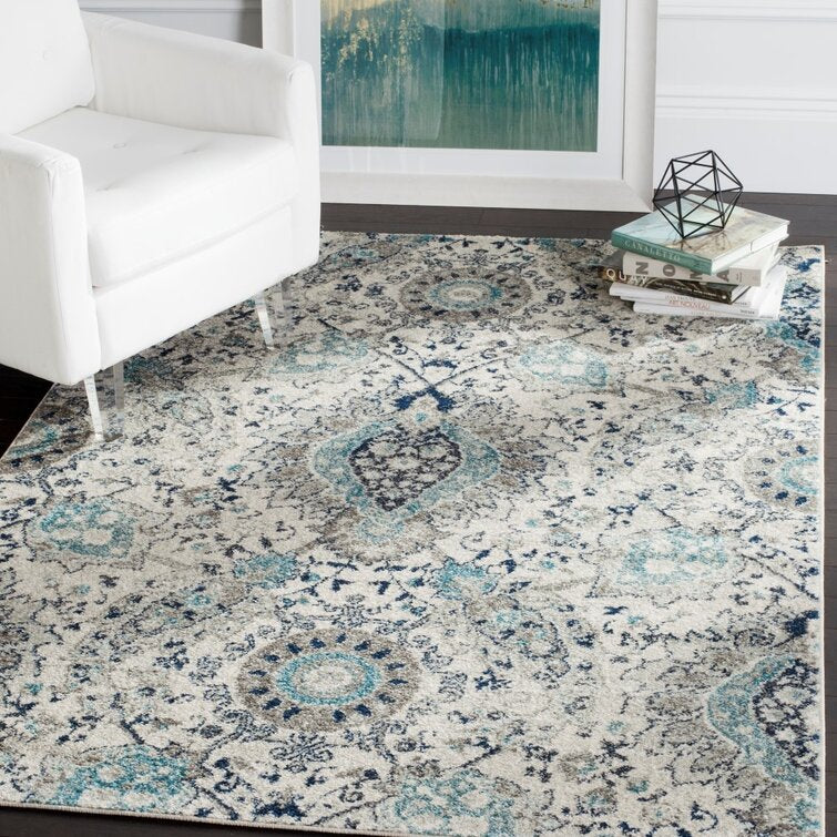 4' x 6' Christa Damask Area Rug in Cream/Light Gray Hues