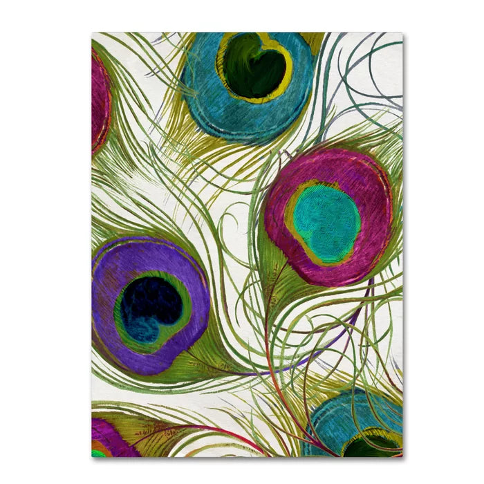 32" H x 24" W x 2" D Green/Purple/White Color Bakery Peacock Feathers I by Color Bakery - Graphic Art on Canvas