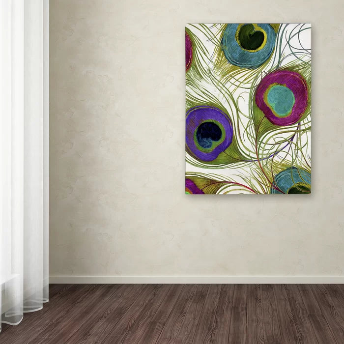 32" H x 24" W x 2" D Green/Purple/White Color Bakery Peacock Feathers I by Color Bakery - Graphic Art on Canvas