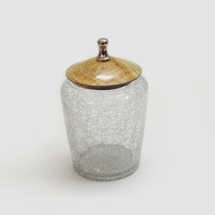 4.75" H x 4" W x 4" D - Crackle Glass Canister with Wooden Lid Storage Jar TJ105
