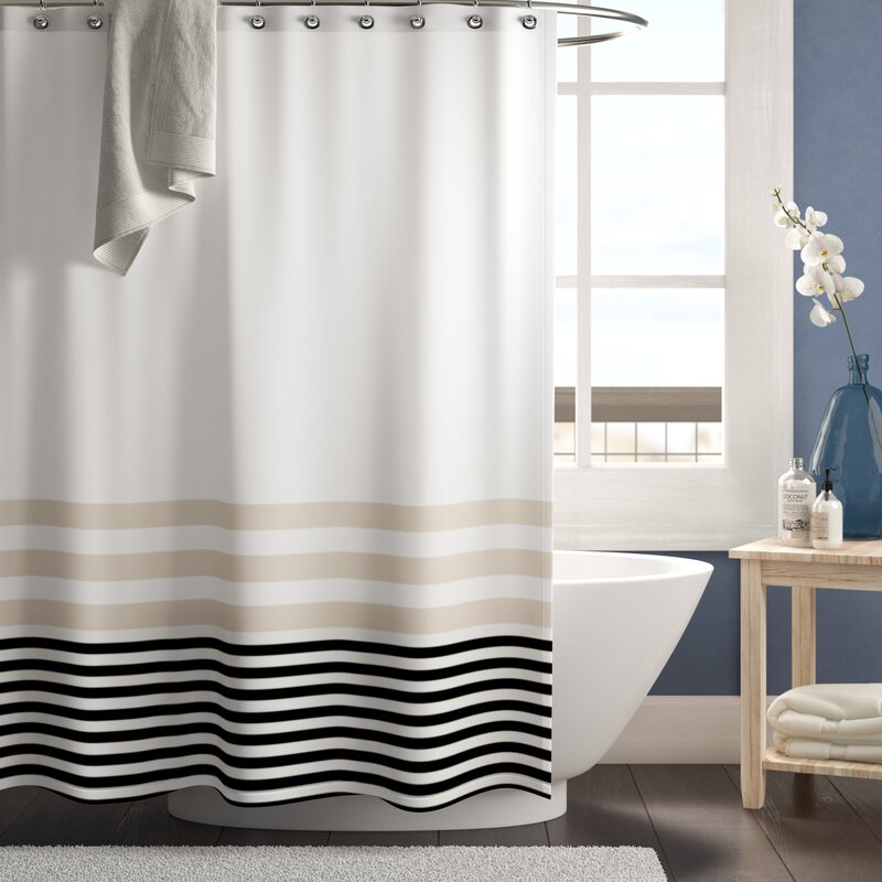Beige/Black Dafne Stripes Single Shower Curtain, 71'' H x 74'' W